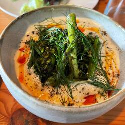 Broccolini with sunchoke puree and chili oil