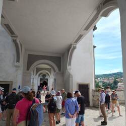 Walking through the bridge of the Český Krumlov Castle complex