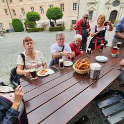 Pretzel, mustard, and beer for lunch