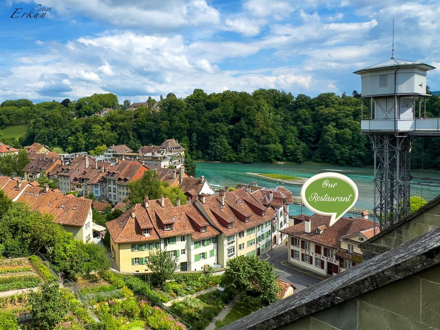 Glimpse of our restaurant from the panorama terrace at the cathedral — Bern ... Old City.