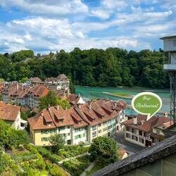 Glimpse of our restaurant from the panorama terrace at the cathedral — Bern ... Old City.