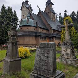 Stabkirche Wang mit Grabsteinen die Hausbesitzer u.ä. benennen