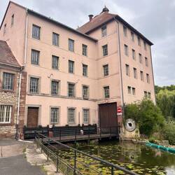 Mehlmühle Sarralbe (14. Jh.), einzige Mühle, die auf der Saar noch in Betrieb ist - Störche oben