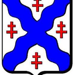 Wappen der Stadt mit Lothringischen Kreuzen, die blauen Bänder symbolisieren Saar u. Albe