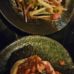 Fischfilet mit Tamarindensauce, Salat aus grüner Mango, Blüten etc.