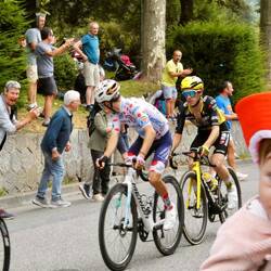 The wearer of the Red Polka Dot jersey, Lenny Martinez of Bahrain Victorious