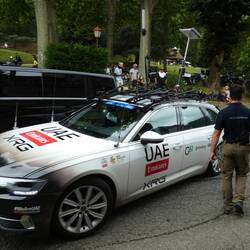 One of many support vehicles at the checkpoint, this one for the leading team UAE Team Emirates-XRG