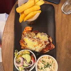 Bbq chicken with ham and cheese, chips and coleslaw and salad