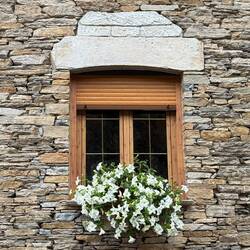 I love all of the window boxes here. This one has a hat.