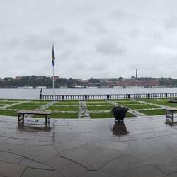 A panoramic view across the harbor from the city hall.