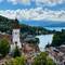 View of the Aare, Thunersee and Stadtkirche from the Rathaus Tower — Thun Castle.