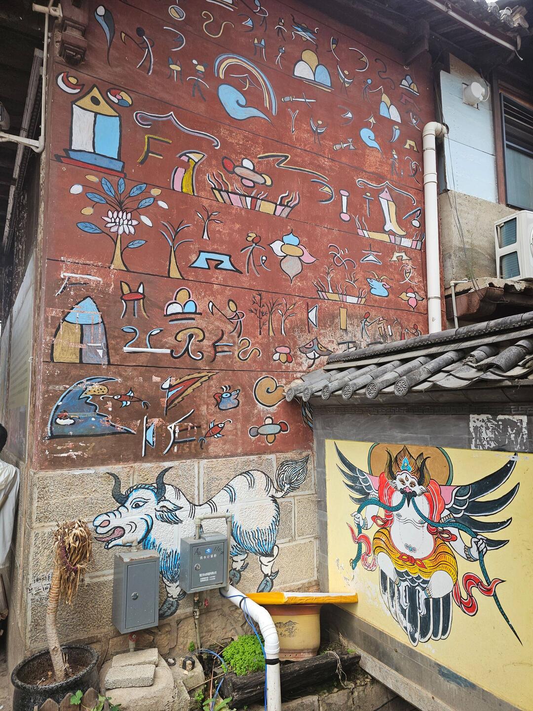 A Baisha les murs sont peints d'étranges hiéroglyphes (issus d'une véritable langue) + yack blanc