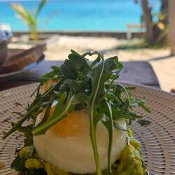 Pochierte Eier auf Wasserspinat und Süsskartoffelbett