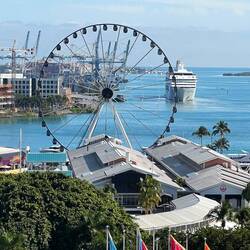 Looking from the hotel at Bayfront Marketplace and across at the port