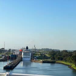 Entering the Gatun Locks. Note how high the cargo ship on the left is