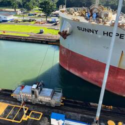 Cargo ship guided by locomotive mule