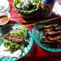 ... put it on rice paper, add the leafy vegetables...