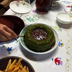 Afternoon snack of matcha jelly (with algae not gelatin) and red bean. A sweet treat!