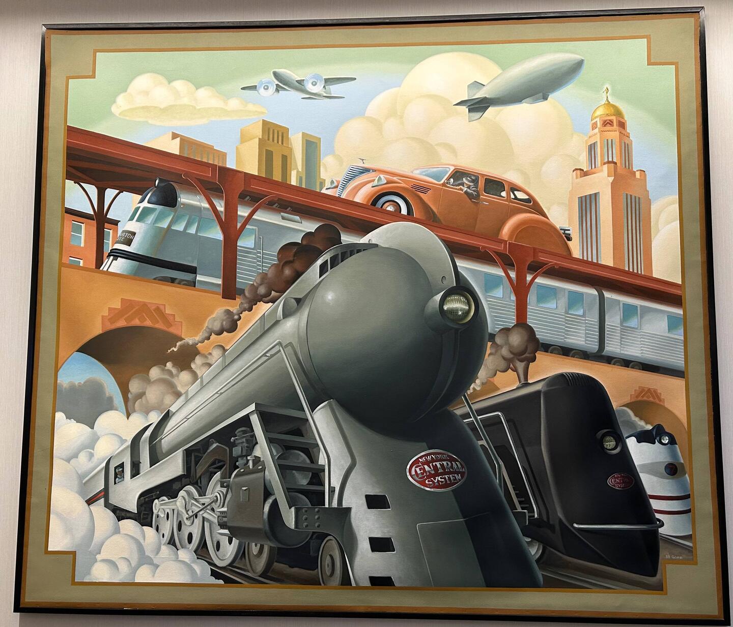 Painting in the Amtrak Lounge depicting transport modes from/to Chicago in the Art Deco era