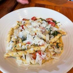 Pesto with tomatoes and cheese. Parents said salty. Firm pasta