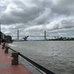 Talmadge Memorial Bridge and Port of Savannah seen from the riverfront walkway
