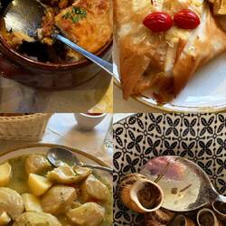 Moussaka, machin fourré à l'agneau et au fromage, artichauts bouillis à l'aneth, escargots romarin