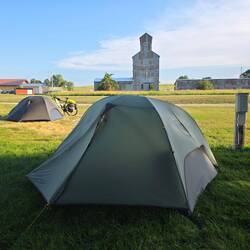 Camp for the night, at the city park next to the trail.