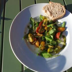 Pannacotta au comté et ses tomates de couleur, pesto