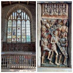 Inside the chapel; stained glass window / detail of reredos (rood screen)
