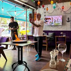 Lunch theatre. Our casserole was cooked in clay