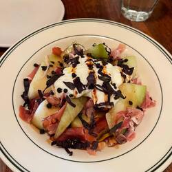 Melon, prosciutto, cheese, balsamic, basil