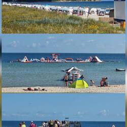 Überfüllte Seebrücke und Wasserspielplatz