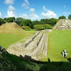 Panoramic view of the ruins of the Mayan city of Altun Ha.