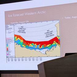 The ice chart. Red, orange, no go zones. Yellow maybe Green and blue okay. Black line ship's course.