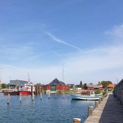 Mittagsrast im Schatten der Holzwand im Hafen von Gedser