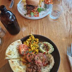 Latke burger for Will at BEAR with a mix of things for Vicky