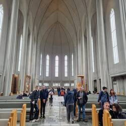 The starkly plain interior of the church