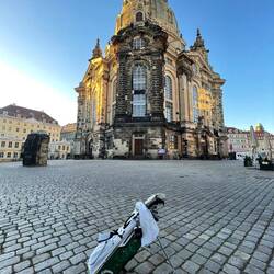 Rob and Hugh 6:30am. The rock on the left is the intact part left after WW2 bombing of Dresden