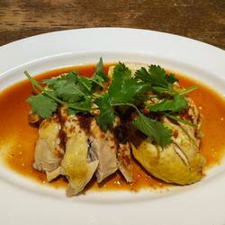 The most chickeny chicken we've ever tasted--steamed like Singaporean chicken rice, but oh amazing!