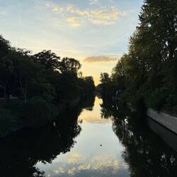 Sunset reflected on the Spree River, near our hotel