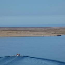 Zodiacs ruffling the water.