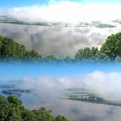 In der Früh liegt dichter Nebel über dem Fluss