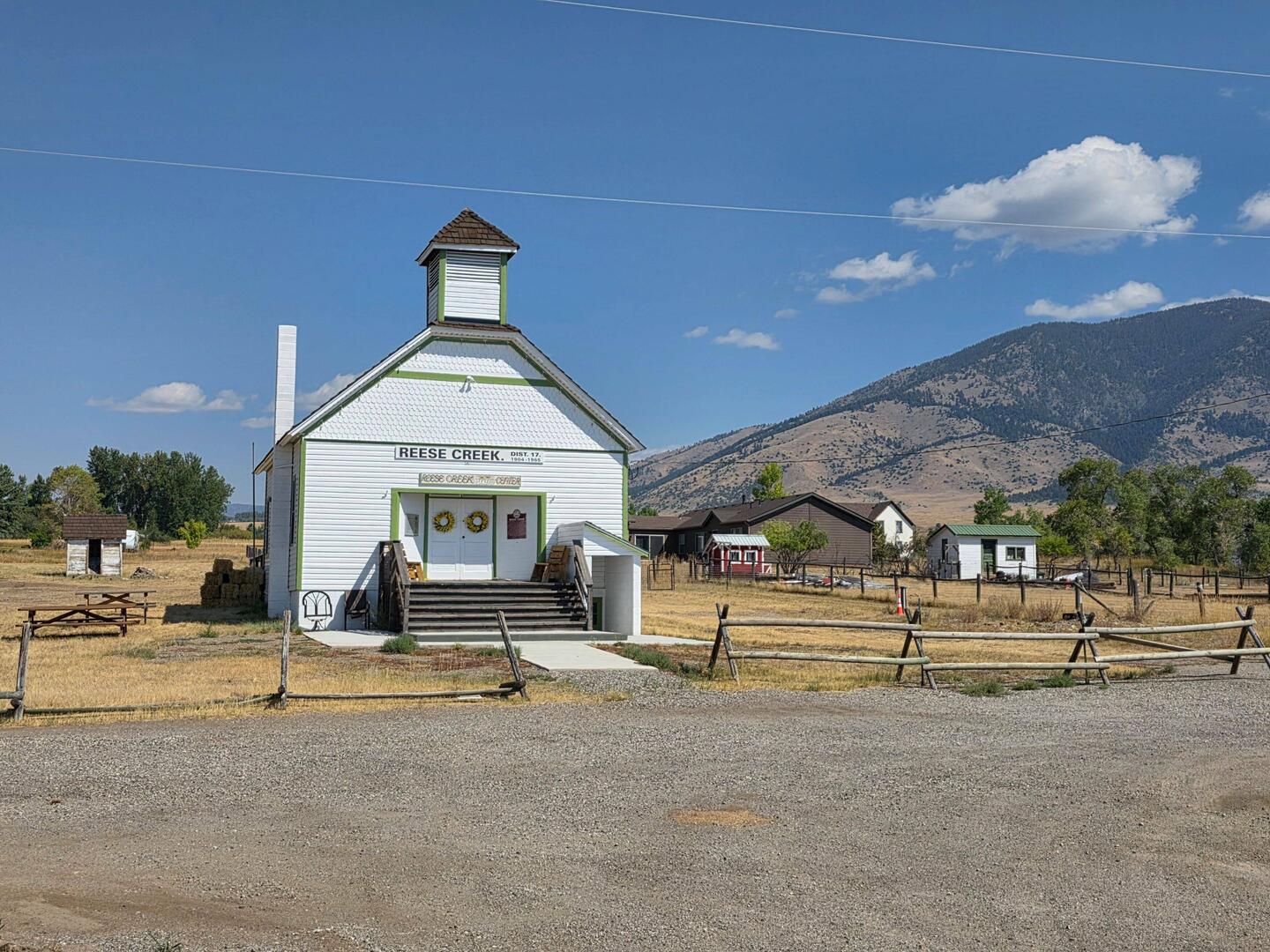 Reese Creek community center at gravel road intersection. Was a one room schoolhouse built in 1904.
