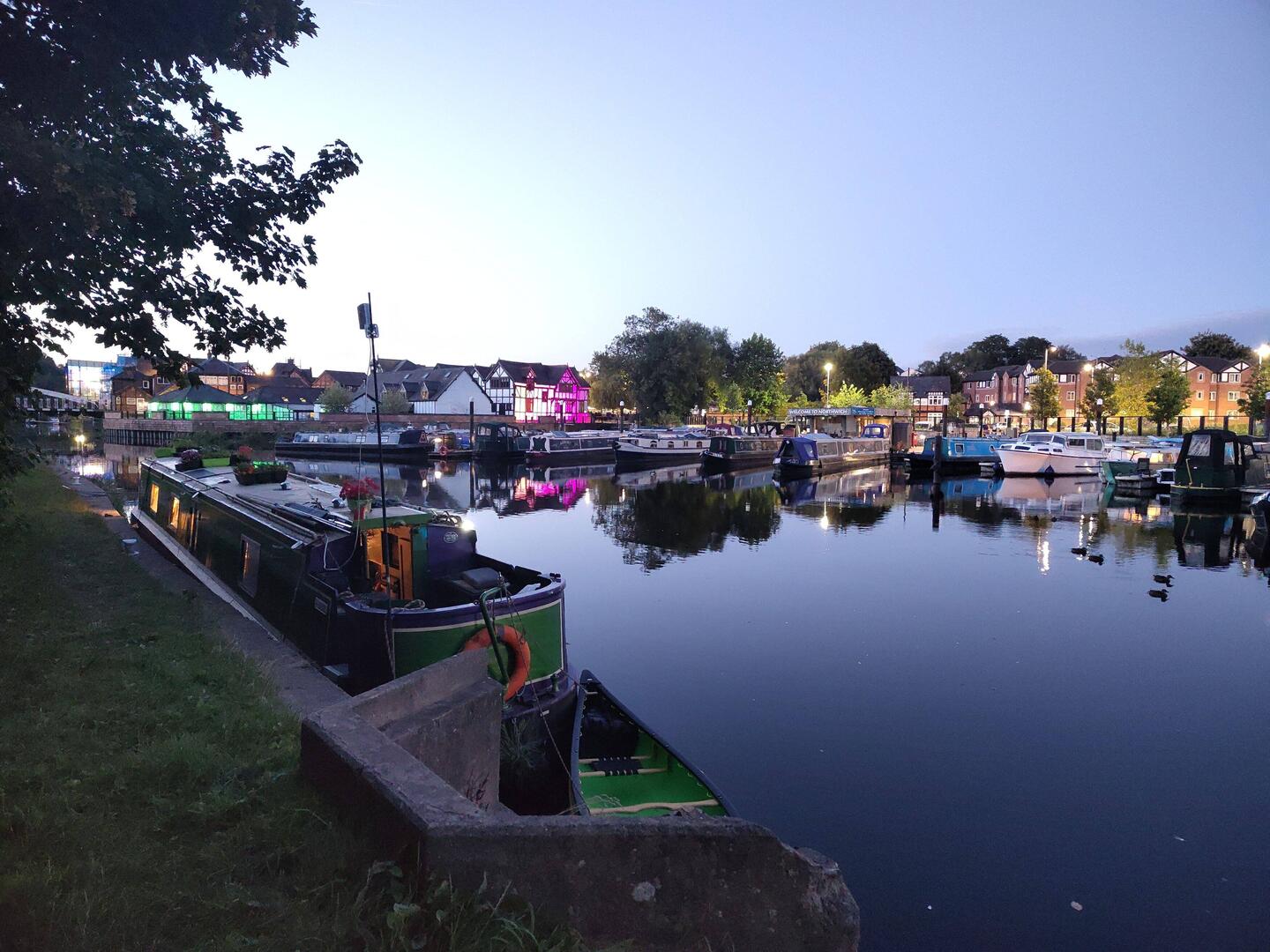 Northwich moorings lit up at dusk