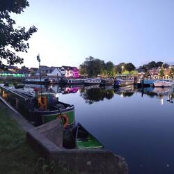 Northwich moorings lit up at dusk
