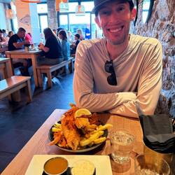 Our fish and chips dinner on the harbor; these were much better than last time!