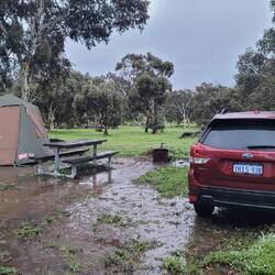 Weather cleared enough to set up tent and reheat soup for early dinner. Grass was even wetter ...