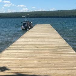 C-Traveler at the end of the new Manitou Island dock. Still kind of rough on the water.