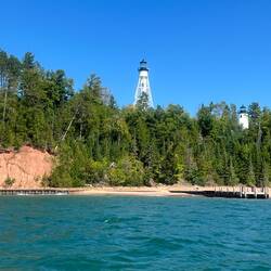 In this view of the twin lighthouses, you can also see how sand has filled in around the docks.