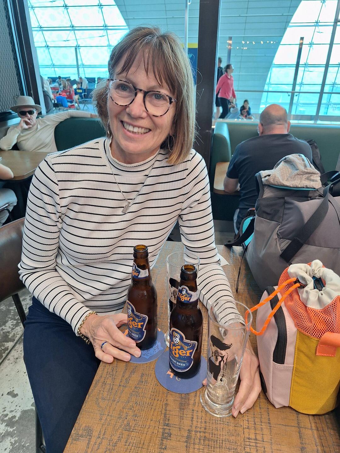 A couple of super expensive Tiger beers at Dubai airport to celebrate the 5th anniversary of Jules.